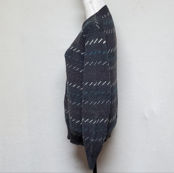 VINTAGE 70s South Channel Gray Wool Geometric Notched Knit Fisherman's Sweater - Picture 5 of 10